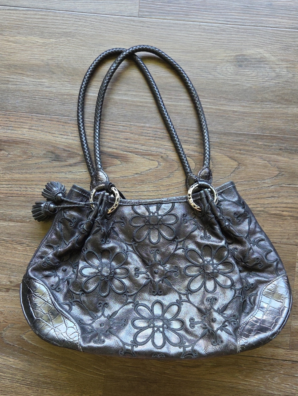 Brighton Black Floral Leather Shoulder Purse